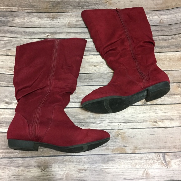 red faux suede boots